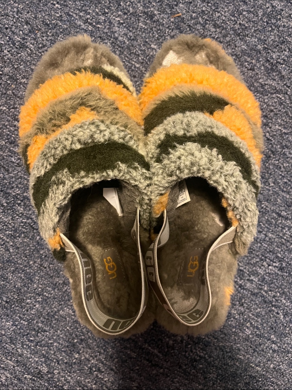 UGG Women's Fuzzy Slide Sandals in Olive Green and Mustard